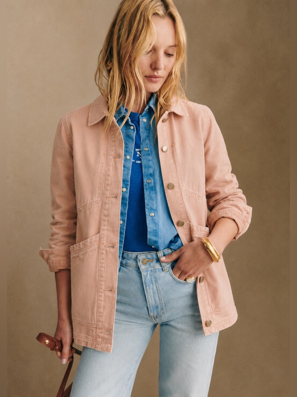 Molly Bracken Pink twill chore Jean Jacket Patch Patch Pockets Button Down Small